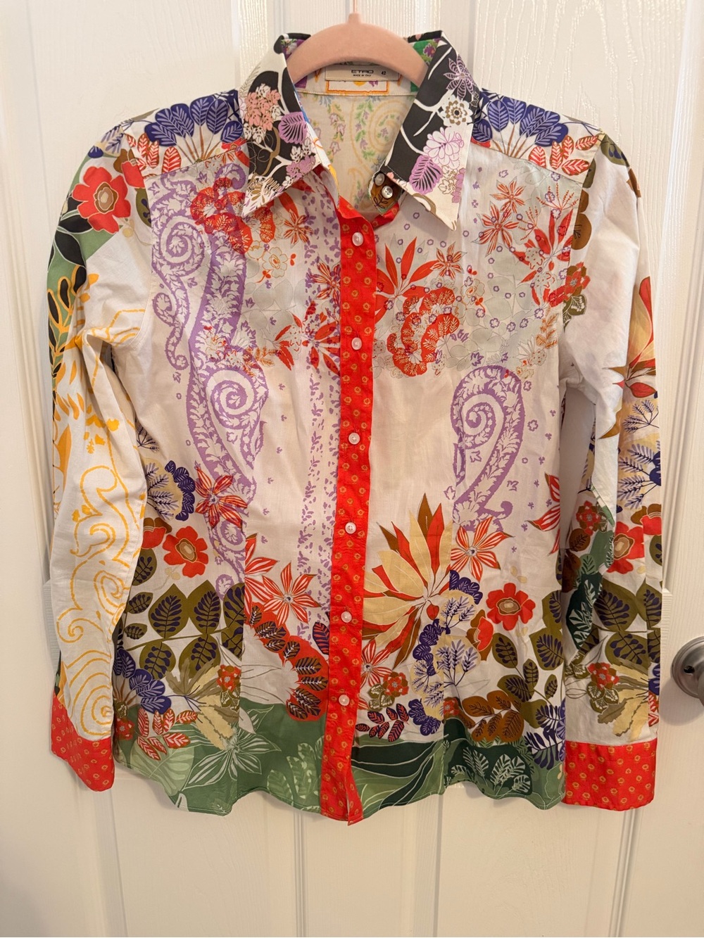 Etro Multicolor Floral Paisley Button-Down Shirt with Red Placket